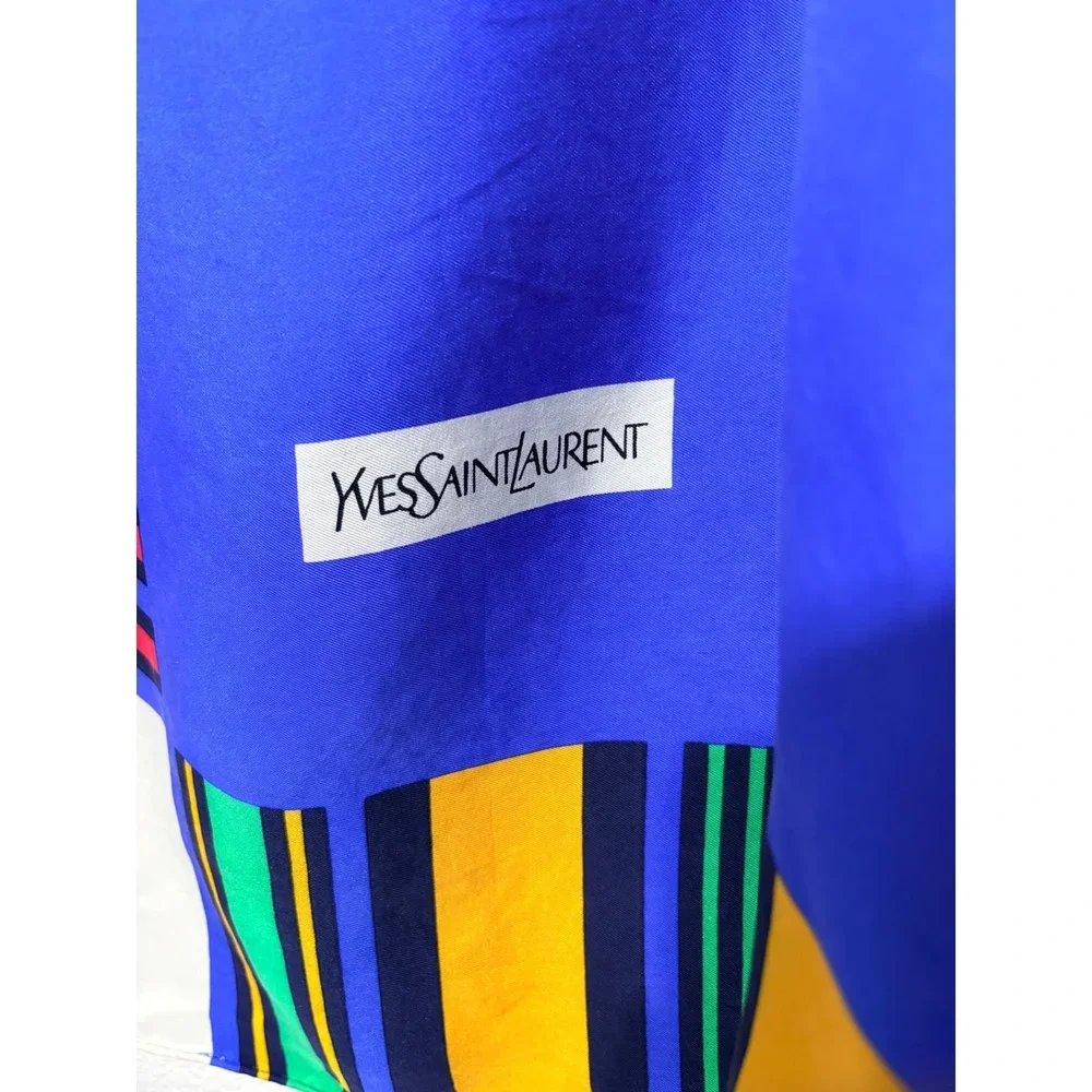 Vintage Yves Saint Laurent Silk Scarf Blue Striped Geometric Square 34in